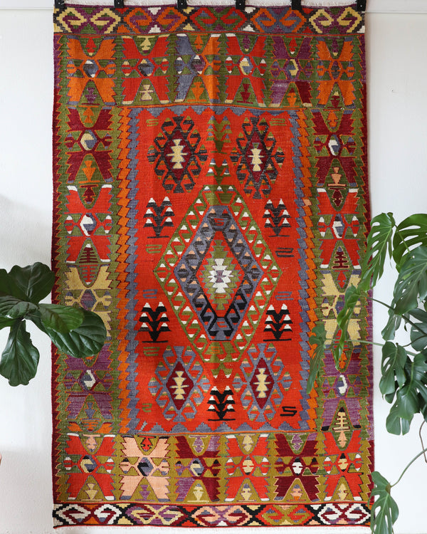 Vintage kilim rug in living room setting, bright colors, wild shaman, soft rug, bold color, Portland, Oregon, rug store, rug shop, local shop, vintage rug, modern kilim, warm colors