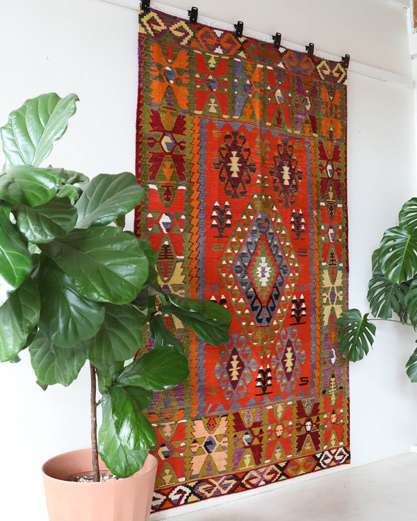 Vintage kilim rug in living room setting, bright colors, wild shaman, soft rug, bold color, Portland, Oregon, rug store, rug shop, local shop, vintage rug, modern kilim, warm colors