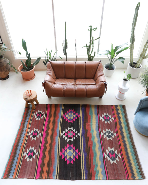 Vintage kilim rug in living room setting, bright colors, wild shaman, soft rug, bold color, Portland, Oregon, rug store, rug shop, local shop, vintage rug, modern kilim, warm colors