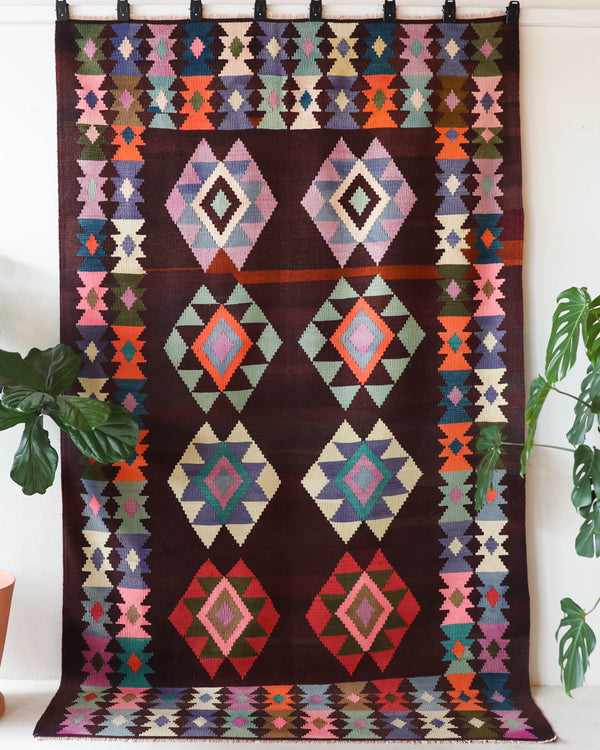 Vintage kilim rug in living room setting, bright colors, wild shaman, soft rug, bold color, Portland, Oregon, rug store, rug shop, local shop, vintage rug, modern kilim, warm colors