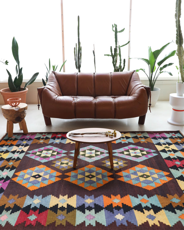 Vintage kilim rug in living room setting, bright colors, wild shaman, soft rug, bold color, Portland, Oregon, rug store, rug shop, local shop, vintage rug, modern kilim, warm colors