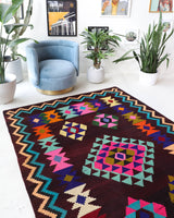 Vintage kilim rug in living room setting, bright colors, wild shaman, soft rug, bold color, Portland, Oregon, rug store, rug shop, local shop, vintage rug, modern kilim, warm colors