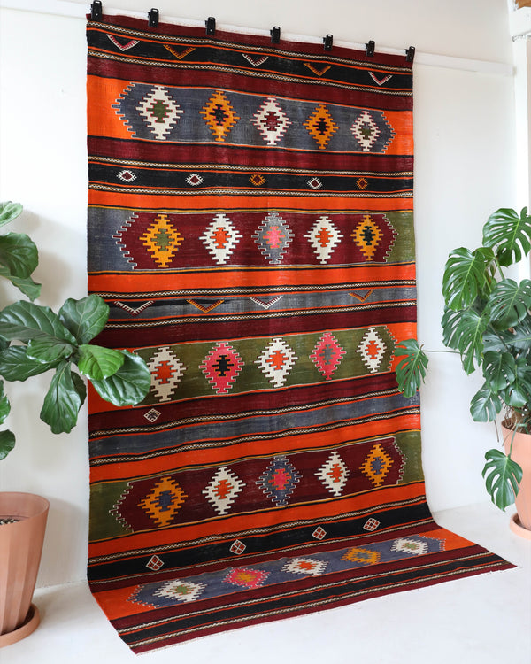 Vintage kilim rug in living room setting, bright colors, wild shaman, soft rug, bold color, Portland, Oregon, rug store, rug shop, local shop, vintage rug, modern kilim, warm colors