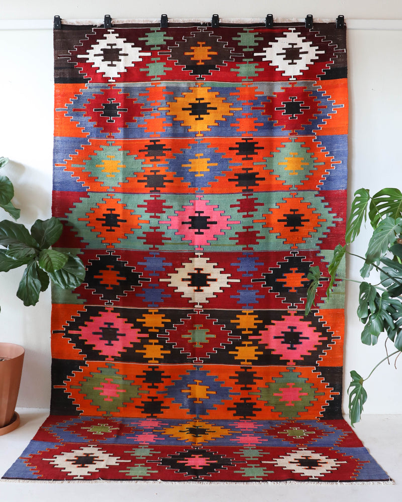 Vintage kilim rug in living room setting, bright colors, wild shaman, soft rug, bold color, Portland, Oregon, rug store, rug shop, local shop, vintage rug, modern kilim, warm colors