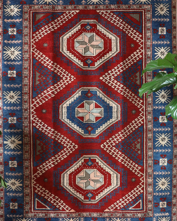 Vintage Turkish rug in a living room setting, pile rug, Turkish rug, vintage rug, portland, rug shop, bright colors, wild shaman, soft rug, bold color, Portland, Oregon, rug store, rug shop, local shop, antique rug