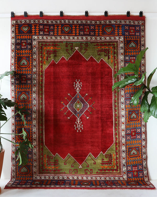 Vintage Turkish rug in a living room setting, pile rug, Turkish rug, vintage rug, portland, rug shop, bright colors, wild shaman, soft rug, bold color, Portland, Oregon, rug store, rug shop, local shop, antique rug