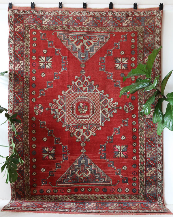 Vintage Turkish rug in living room setting, old rug, antique rug, pastel colors, faded colors, Turkish rug, vintage rug, soft rug, Portland, Oregon, rug store, rug shop, local shop