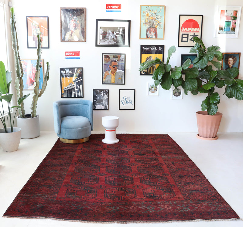 Antique Turkmen rug in a living room setting, pile rug, Turkish rug, vintage rug, portland, rug shop, bright colors, wild shaman, soft rug, bold color, Portland, Oregon, rug store, rug shop, local shop, antique rug