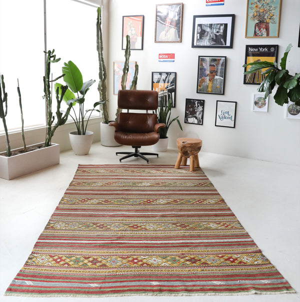 Vintage kilim rug in living room setting, old rug, antique rug, pastel colors, faded colors, Turkish rug, vintage rug, soft rug, Portland, Oregon, rug store, rug shop, local shop, earthy tones, earthy colors, warm colors