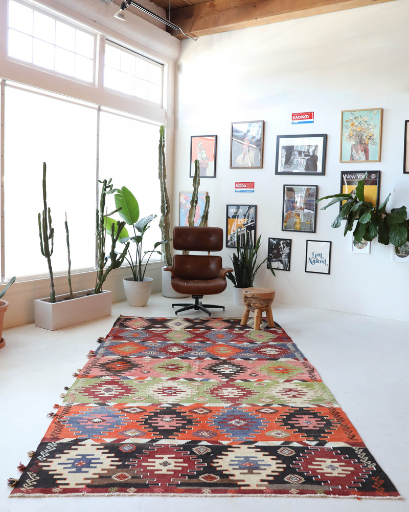 Vintage kilim rug in living room setting, bright colors, wild shaman, soft rug, bold color, Portland, Oregon, rug store, rug shop, local shop, vintage rug, modern kilim, warm colors