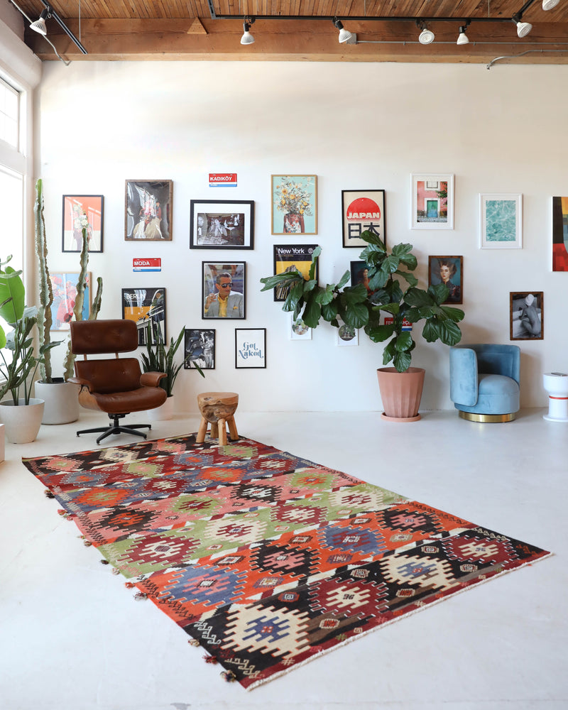 Vintage kilim rug in living room setting, bright colors, wild shaman, soft rug, bold color, Portland, Oregon, rug store, rug shop, local shop, vintage rug, modern kilim, warm colors