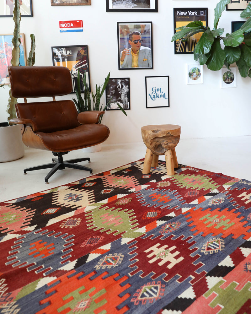 Vintage kilim rug in living room setting, bright colors, wild shaman, soft rug, bold color, Portland, Oregon, rug store, rug shop, local shop, vintage rug, modern kilim, warm colors