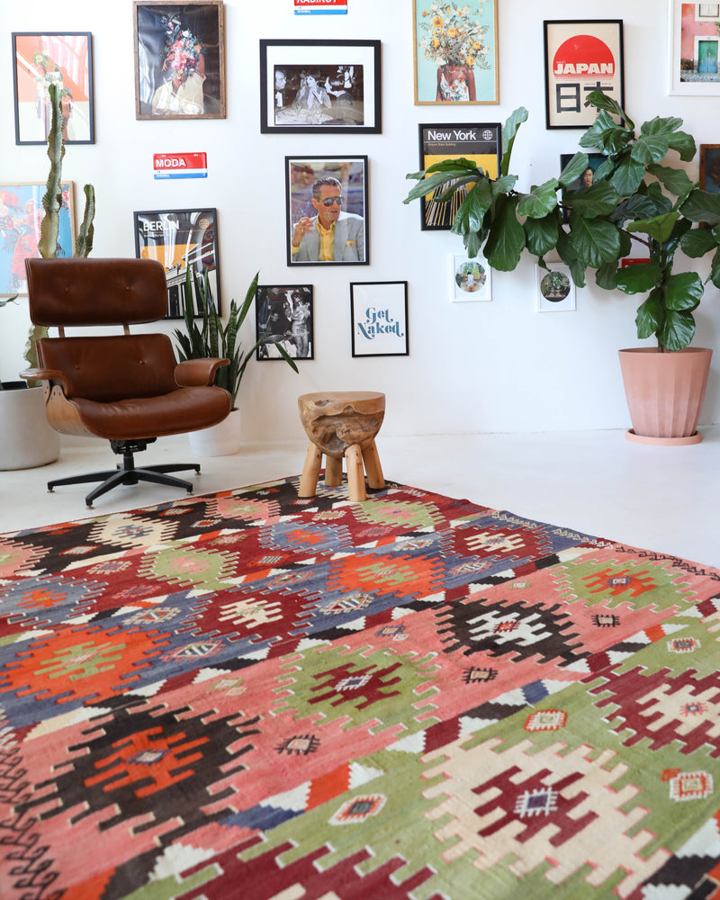 Vintage kilim rug in living room setting, bright colors, wild shaman, soft rug, bold color, Portland, Oregon, rug store, rug shop, local shop, vintage rug, modern kilim, warm colors