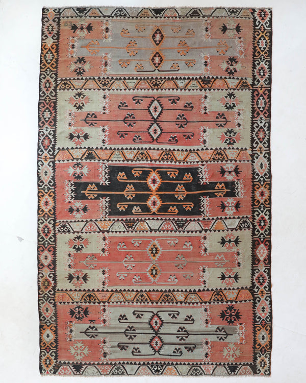  Vintage kilim rug in living room setting, old rug, antique rug, pastel colors, faded colors, Turkish rug, vintage rug, soft rug, Portland, Oregon, rug store, rug shop, local shop, earthy tones, earthy colors, warm colors