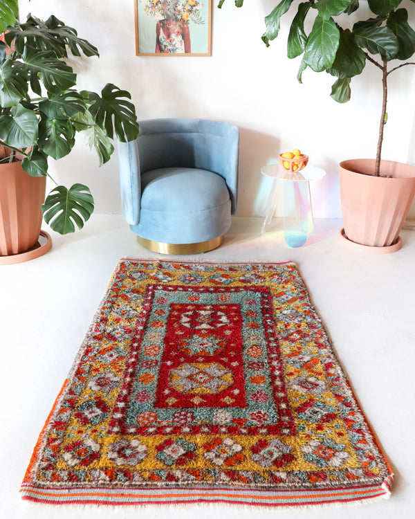 Small Turkish rug in a living room setting, pile rug, Turkish rug, vintage rug, portland, rug shop, bright colors, wild shaman, area rug, red rug, mini rug, bold color, Portland, Oregon, rug store, rug shop, local shop, flat weave, kilim rug