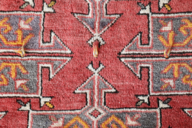 Small Turkish rug in a living room setting, pile rug, Turkish rug, vintage rug, portland, rug shop, bright colors, wild shaman, area rug, red rug, mini rug, bold color, Portland, Oregon, rug store, rug shop, local shop, flat weave, kilim rug