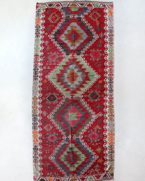 Vintage kilim rug in living room setting, bright colors, wild shaman, soft rug, bold color, Portland, Oregon, rug store, rug shop, local shop, vintage rug, modern kilim, warm colors