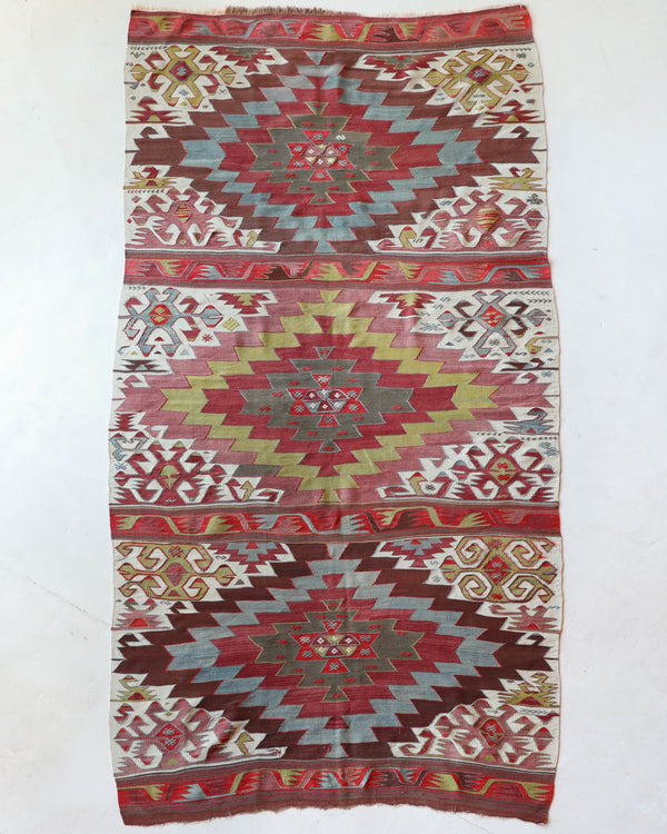 Vintage kilim rug in living room setting, old rug, antique rug, pastel colors, faded colors, Turkish rug, vintage rug, soft rug, Portland, Oregon, rug store, rug shop, local shop, earthy tones, earthy colors, warm colors