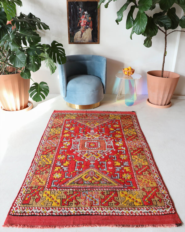 Small Turkish rug in a living room setting, pile rug, Turkish rug, vintage rug, portland, rug shop, bright colors, wild shaman, area rug, red rug, mini rug, bold color, Portland, Oregon, rug store, rug shop, local shop, flat weave, kilim rug