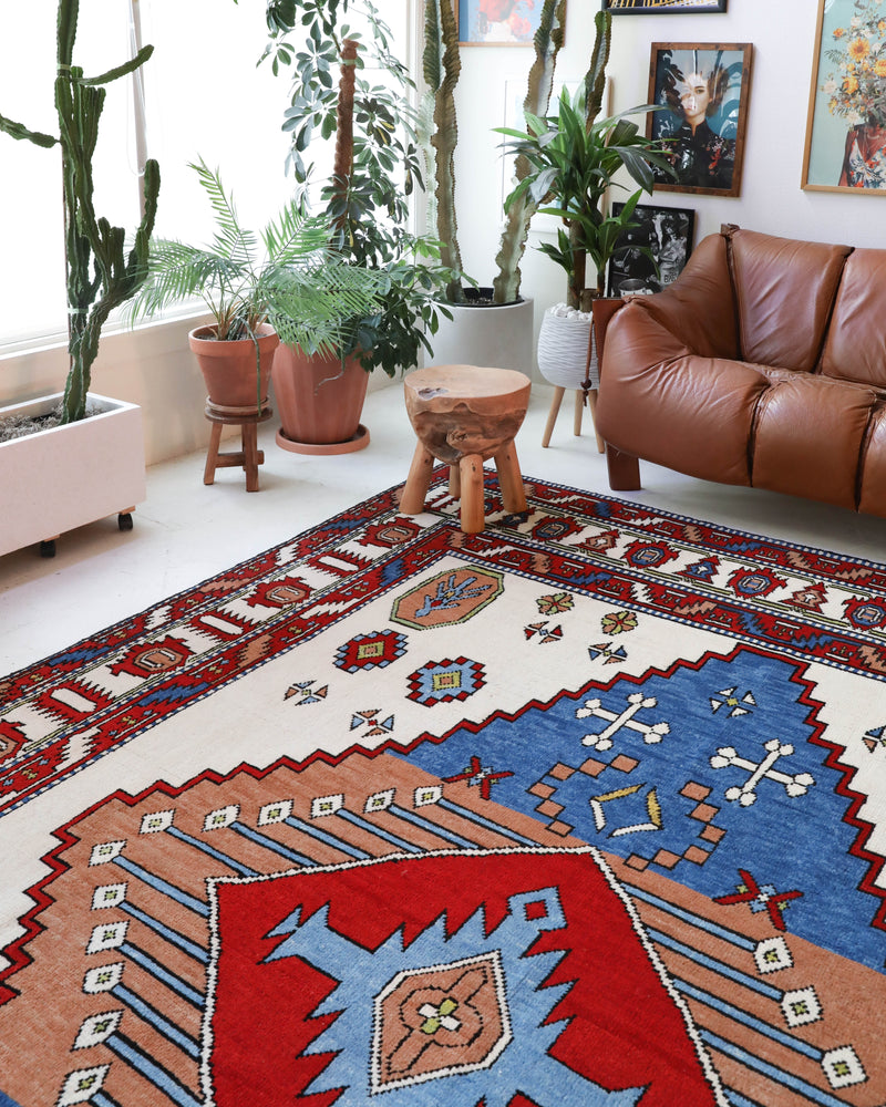 Vintage Turkish rug in a living room setting, Area rug in a living room setting, pile rug, Turkish rug, custom rug, , new rug, modern rug, customizable rug, made to order rug, portland, rug shop, bright colors, wild shaman, soft rug, bold color, Portland, Oregon, rug store, rug shop, local shop, made in Turkey
