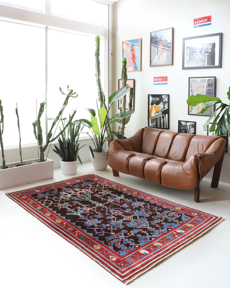 Vintage Turkish rug in a living room setting, Area rug in a living room setting, pile rug, Turkish rug, modern rug, customizable rug, portland, rug shop, bright colors, wild shaman, soft rug, bold color, Portland, Oregon, rug store, rug shop, local shop, made in Turkey