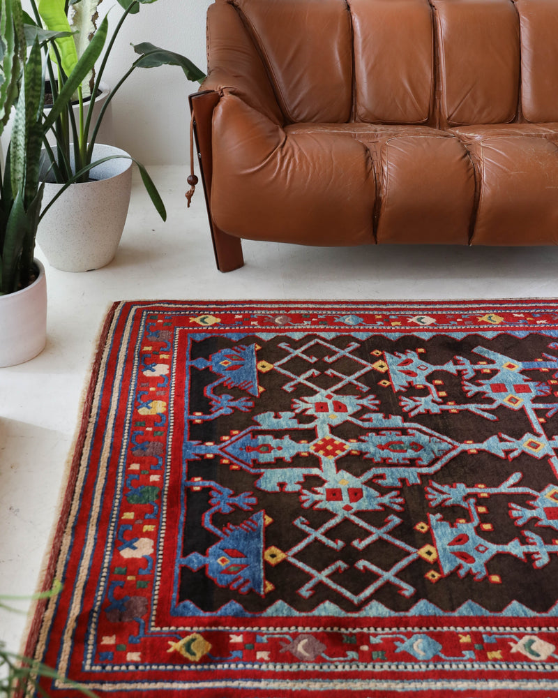 Vintage Turkish rug in a living room setting, Area rug in a living room setting, pile rug, Turkish rug, modern rug, customizable rug, portland, rug shop, bright colors, wild shaman, soft rug, bold color, Portland, Oregon, rug store, rug shop, local shop, made in Turkey