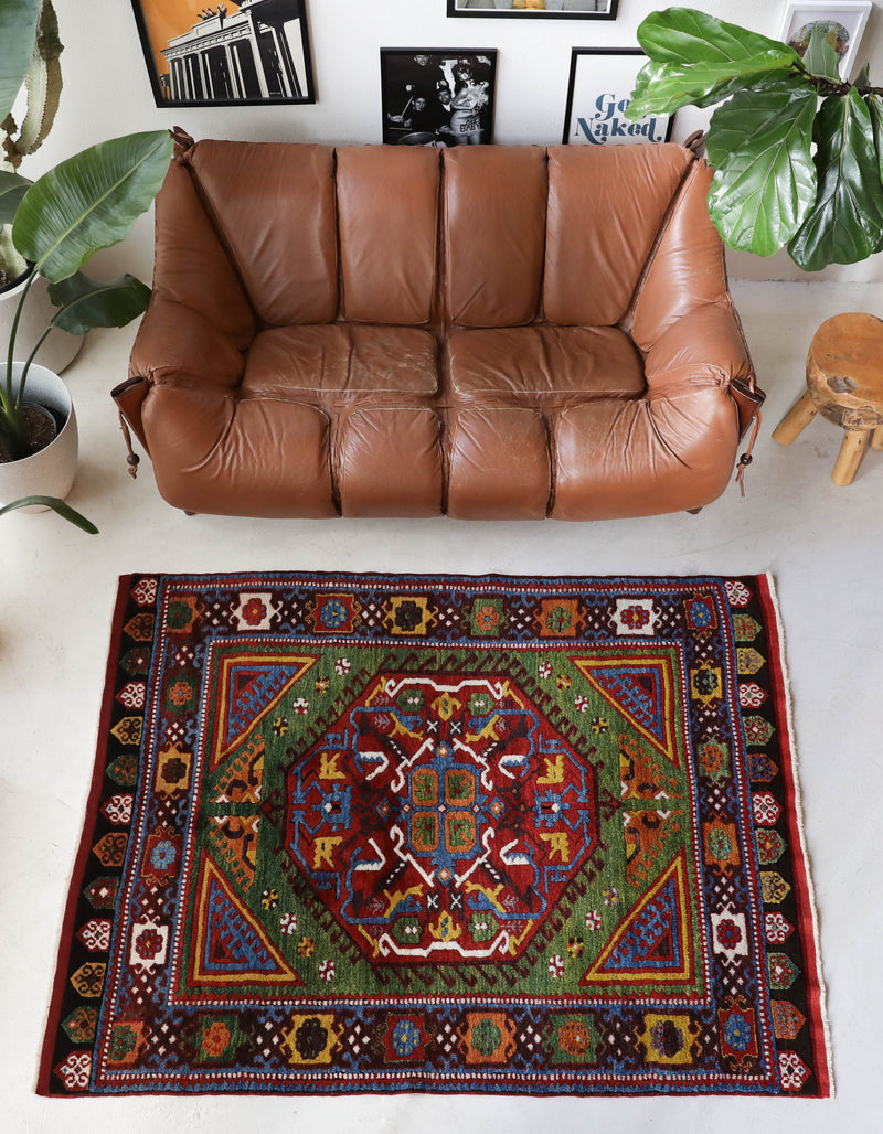 Vintage Turkish rug in a living room setting, Area rug in a living room setting, pile rug, Turkish rug, modern rug, customizable rug, portland, rug shop, bright colors, wild shaman, soft rug, bold color, Portland, Oregon, rug store, rug shop, local shop, made in Turkey