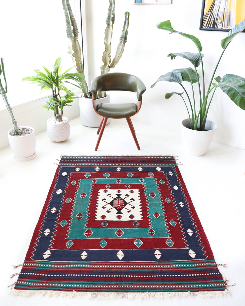 Vintage kilim rug in living room setting, bright colors, wild shaman, soft rug, bold color, Portland, Oregon, rug store, rug shop, local shop, vintage rug, modern kilim, warm colors, antique kilim rug