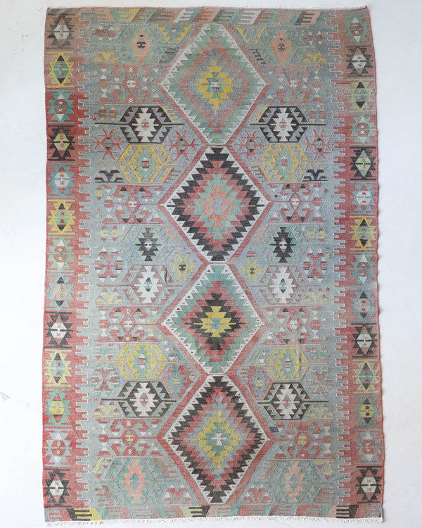 Vintage kilim rug in living room setting, old rug, antique rug, pastel colors, faded colors, Turkish rug, vintage rug, soft rug, Portland, Oregon, rug store, rug shop, local shop, earthy tones, earthy colors, warm colors