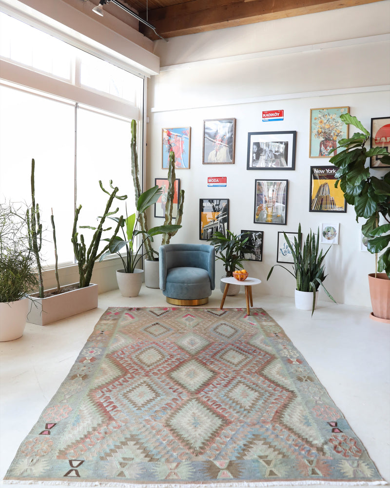 Vintage kilim rug in living room setting, old rug, antique rug, pastel colors, faded colors, Turkish rug, vintage rug, soft rug, Portland, Oregon, rug store, rug shop, local shop, earthy tones, earthy colors, warm colors