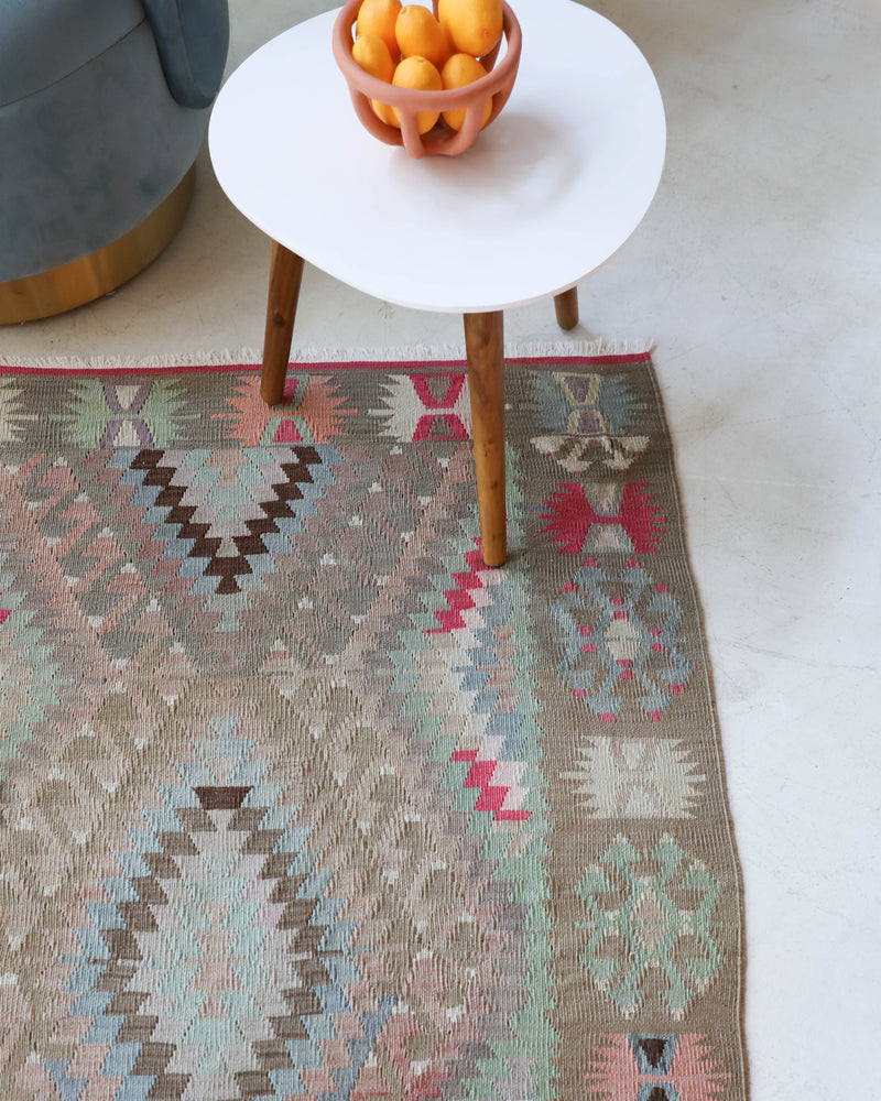 Vintage kilim rug in living room setting, old rug, antique rug, pastel colors, faded colors, Turkish rug, vintage rug, soft rug, Portland, Oregon, rug store, rug shop, local shop, earthy tones, earthy colors, warm colors