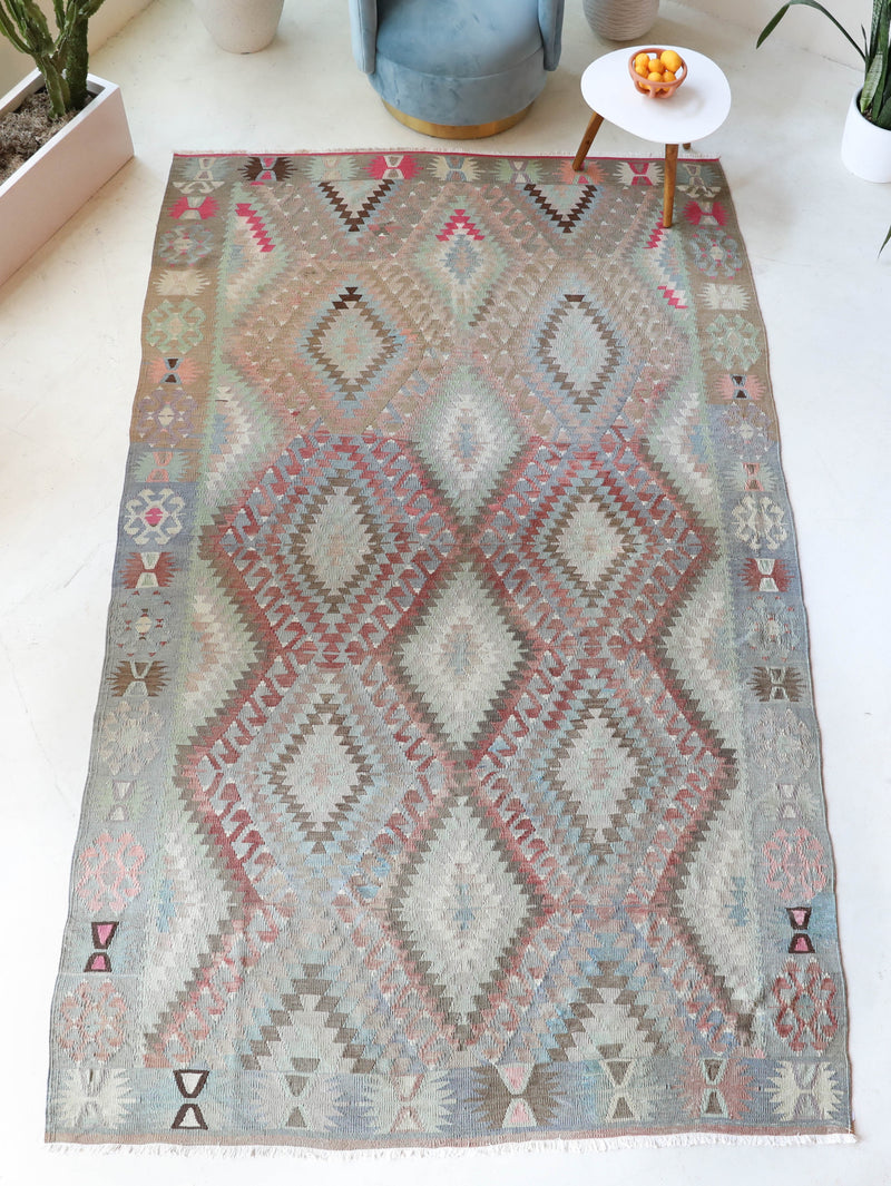 Vintage kilim rug in living room setting, old rug, antique rug, pastel colors, faded colors, Turkish rug, vintage rug, soft rug, Portland, Oregon, rug store, rug shop, local shop, earthy tones, earthy colors, warm colors