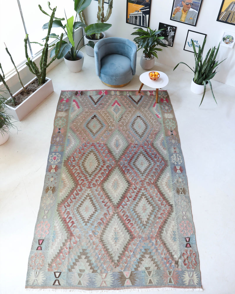 Vintage kilim rug in living room setting, old rug, antique rug, pastel colors, faded colors, Turkish rug, vintage rug, soft rug, Portland, Oregon, rug store, rug shop, local shop, earthy tones, earthy colors, warm colors