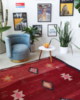 Vintage kilim rug in living room setting, bright colors, wild shaman, soft rug, bold color, Portland, Oregon, rug store, rug shop, local shop, vintage rug, modern kilim, warm colors