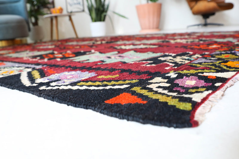 Vintage kilim rug in living room setting, bright colors, wild shaman, soft rug, bold color, Portland, Oregon, rug store, rug shop, local shop, vintage rug, modern kilim, warm colors