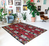 Vintage kilim rug in living room setting, bright colors, wild shaman, soft rug, bold color, Portland, Oregon, rug store, rug shop, local shop, vintage rug, modern kilim, warm colors