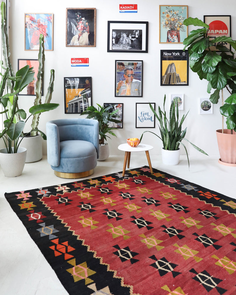 Vintage kilim rug in living room setting, bright colors, wild shaman, soft rug, bold color, Portland, Oregon, rug store, rug shop, local shop, vintage rug, modern kilim, warm colors