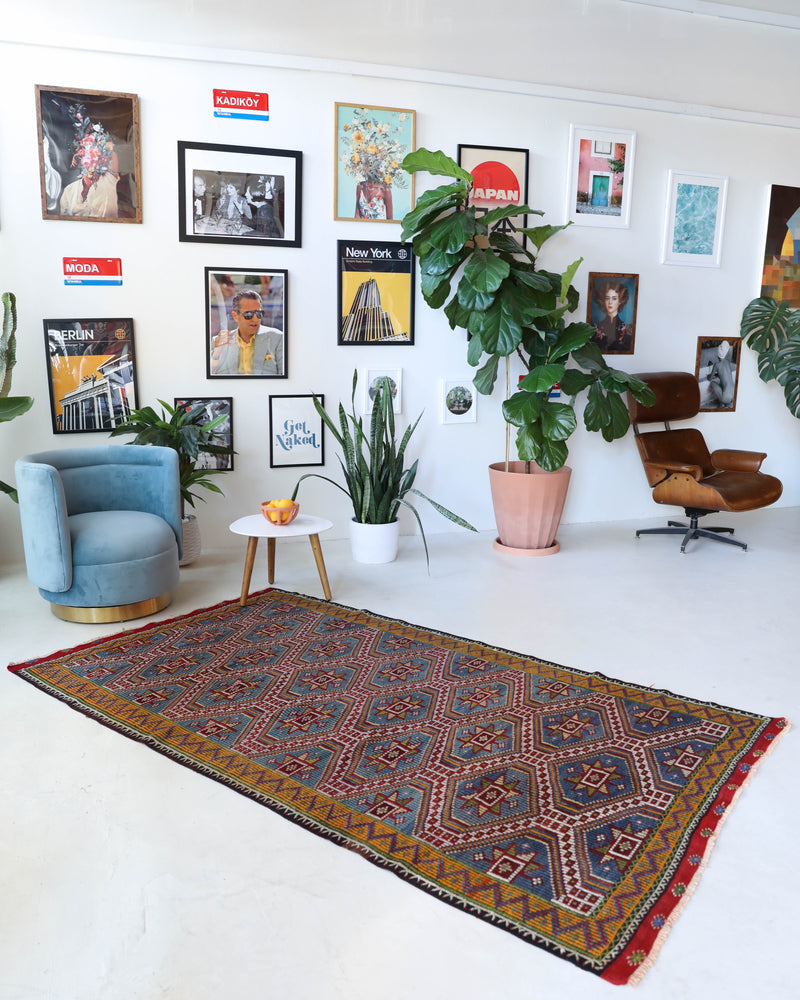 Vintage kilim rug in living room setting, bright colors, wild shaman, soft rug, bold color, Portland, Oregon, rug store, rug shop, local shop, vintage rug, modern kilim, warm colors