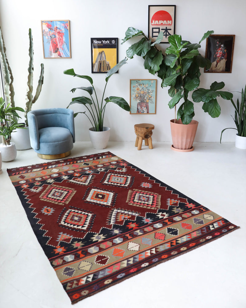 Vintage kilim rug in living room setting, bright colors, wild shaman, soft rug, bold color, Portland, Oregon, rug store, rug shop, local shop, vintage rug, modern kilim, warm colors, antique kilim rug