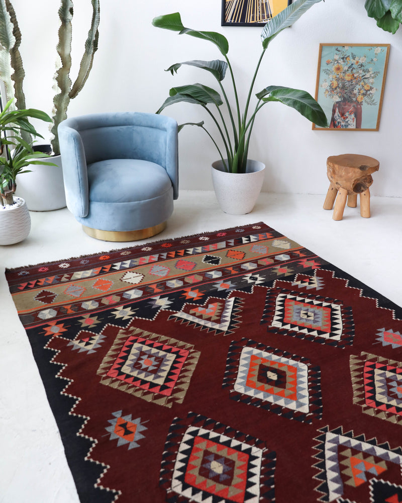 Vintage kilim rug in living room setting, bright colors, wild shaman, soft rug, bold color, Portland, Oregon, rug store, rug shop, local shop, vintage rug, modern kilim, warm colors, antique kilim rug