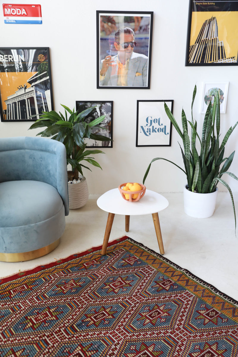 Vintage kilim rug in living room setting, bright colors, wild shaman, soft rug, bold color, Portland, Oregon, rug store, rug shop, local shop, vintage rug, modern kilim, warm colors