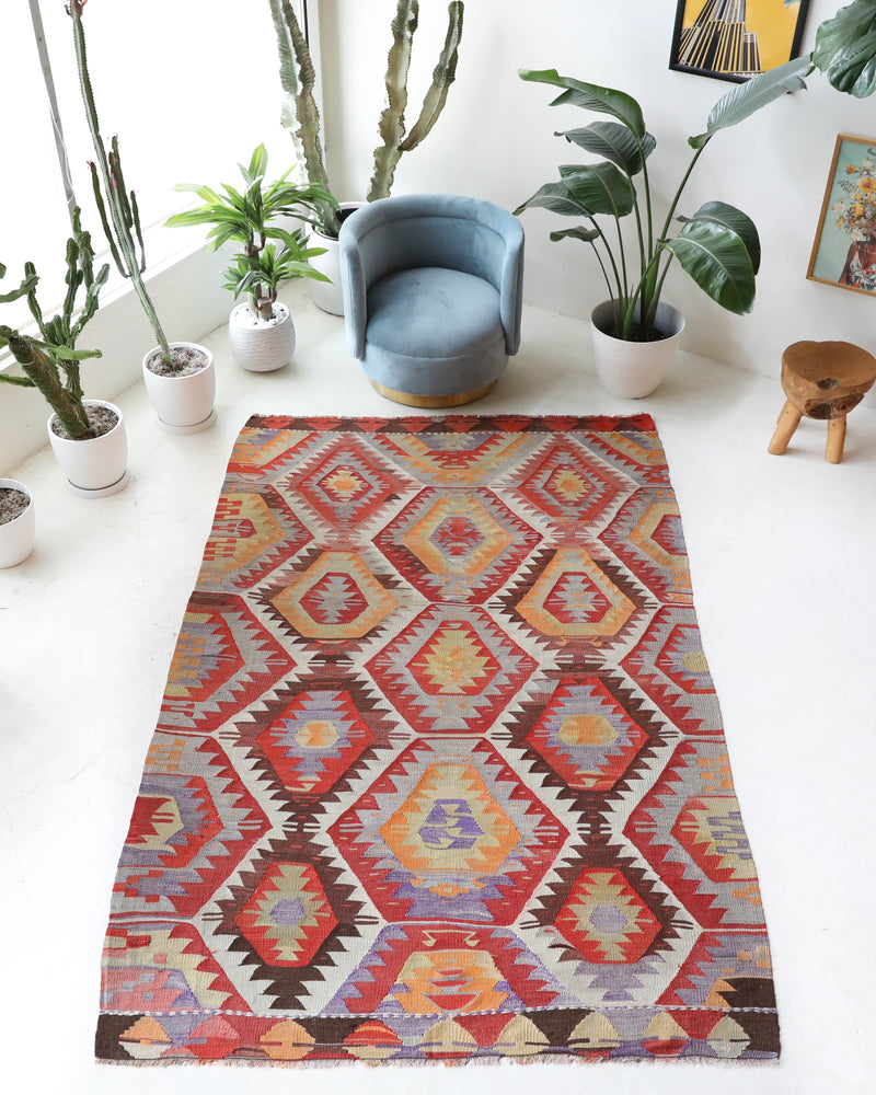 Vintage kilim rug in room decor setting, old rug, antique rug, pastel colors, faded colors, Turkish rug, vintage rug, soft rug, Portland, Oregon, rug store, rug shop, local shop,  antique kilim rug, bold colors, bright colors, faded colors