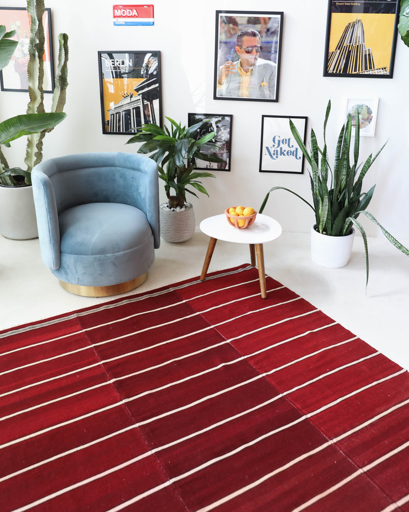 Vintage kilim rug in living room setting, bright colors, wild shaman, soft rug, bold color, Portland, Oregon, rug store, rug shop, local shop, vintage rug, modern kilim, warm colors