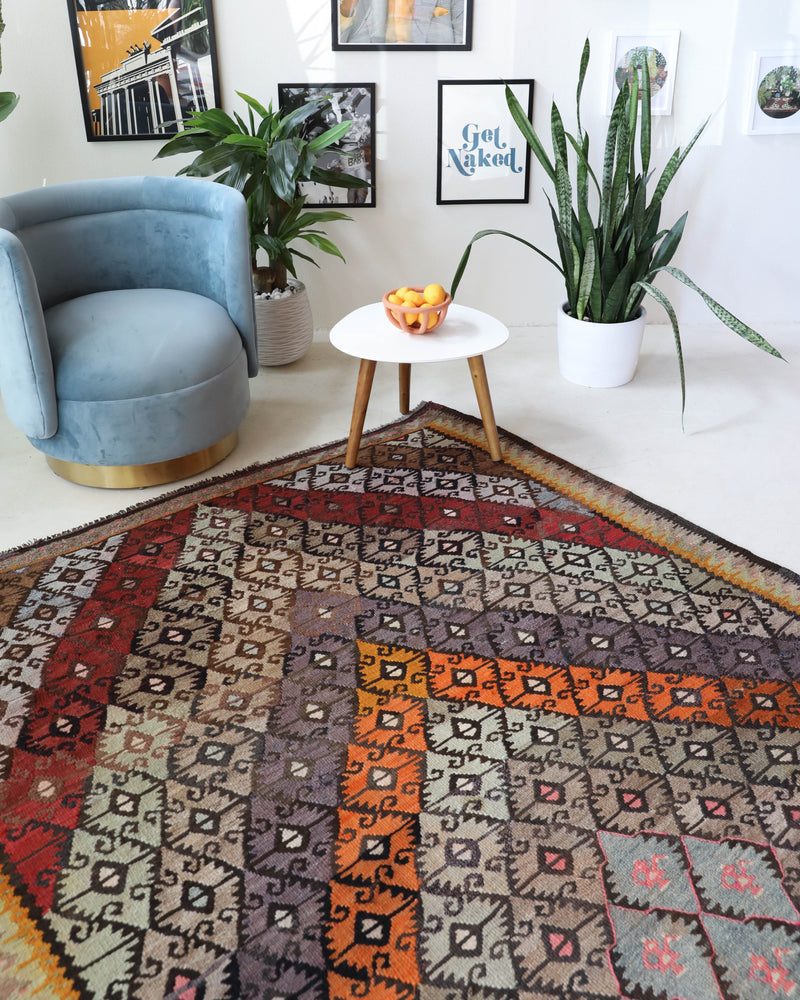 Vintage kilim rug in living room setting, bright colors, wild shaman, soft rug, bold color, Portland, Oregon, rug store, rug shop, local shop, vintage rug, modern kilim, warm colors