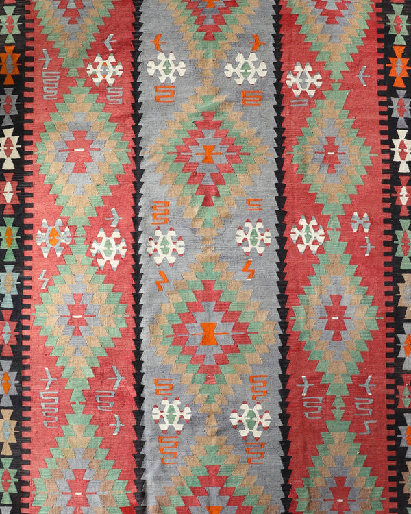 Vintage kilim rug in living room setting, bright colors, wild shaman, soft rug, bold color, Portland, Oregon, rug store, rug shop, local shop, vintage rug, modern kilim, warm colors