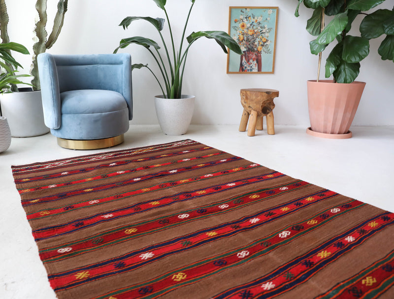 Vintage kilim rug in living room setting, bright colors, wild shaman, soft rug, bold color, Portland, Oregon, rug store, rug shop, local shop, vintage rug, modern kilim, warm colors