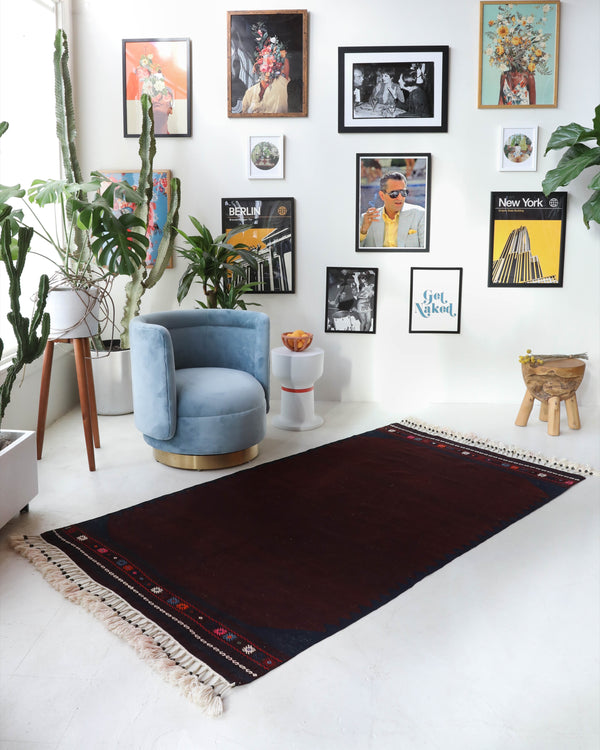 Vintage kilim rug in living room setting, bright colors, wild shaman, soft rug, bold color, Portland, Oregon, rug store, rug shop, local shop, vintage rug, modern kilim, warm colors