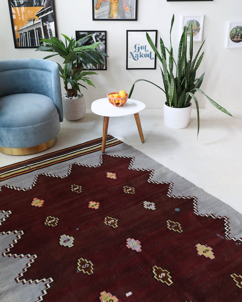 Vintage kilim rug in living room setting, bright colors, wild shaman, soft rug, bold color, Portland, Oregon, rug store, rug shop, local shop, vintage rug, modern kilim, warm colors