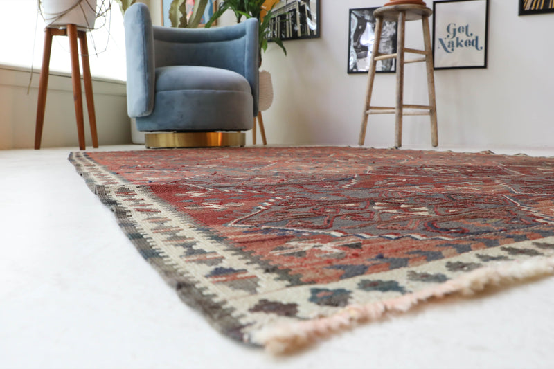 Vintage kilim rug in living room setting, bright colors, wild shaman, soft rug, bold color, Portland, Oregon, rug store, rug shop, local shop, vintage rug, modern kilim, warm colors