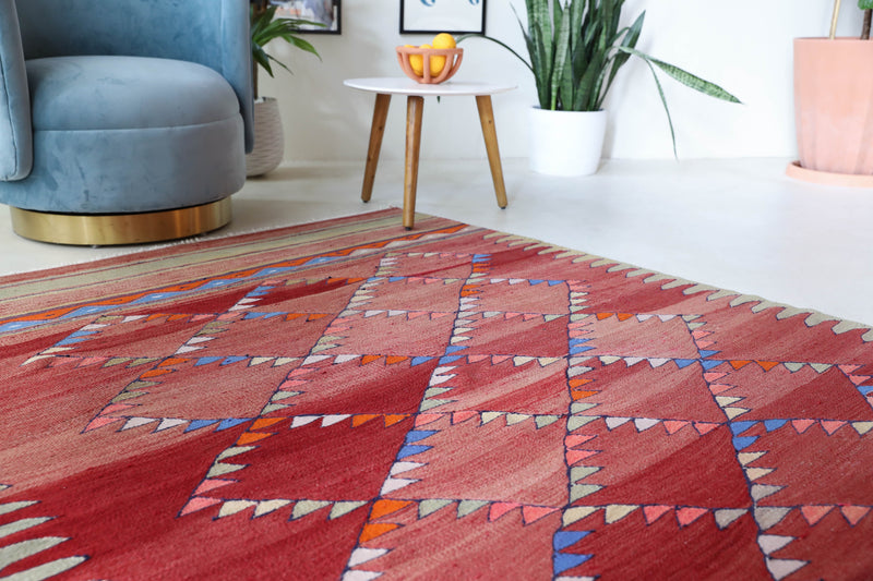  Vintage kilim rug in living room setting, bright colors, wild shaman, soft rug, bold color, Portland, Oregon, rug store, rug shop, local shop, vintage rug, modern kilim, warm colors